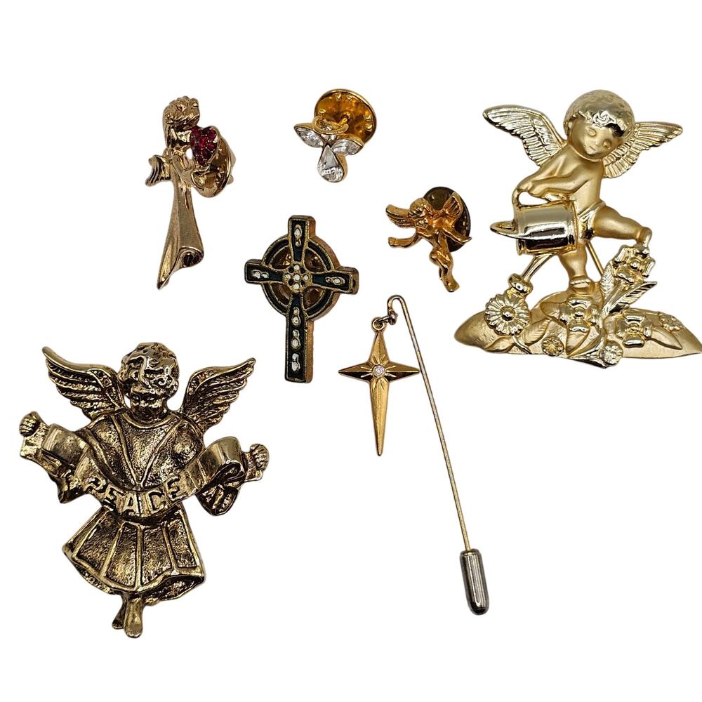 Vintage Faith Religious Brooch Pin Bundle Angel Cross Goldtone Costume Jewelry